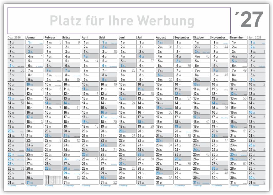 Kalendarium 2023 Kalendarium 2027 - DIN A1 für Wandkalender 2027 mit 14 Monaten