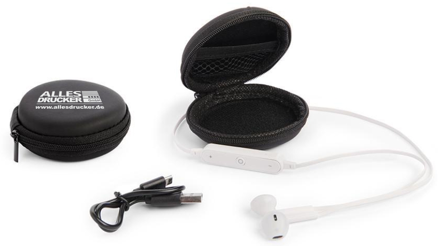 Bluetooth-Kopfhörer Set Beispiel Beispiel eines Bluetooth-Kopfhörer Sets mit dem Allesdrucker Logo auf dem schwarzen Etui