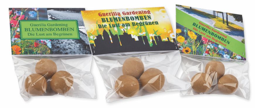 Blumenbomben mit bedruckter Klappkarte Beispiele für bedruckte Blumenbomben