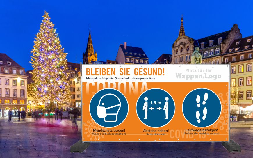 Corona Hinweisbanner - Orange auf Weihnachtsmarkt Perfekt für Eingangsbereiche von Weihnachtsmärkten