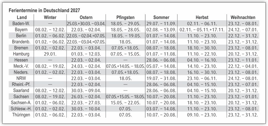 Feiertage und Schulferien 2023 Feiertage und Schulferien 2027 in Deutschland