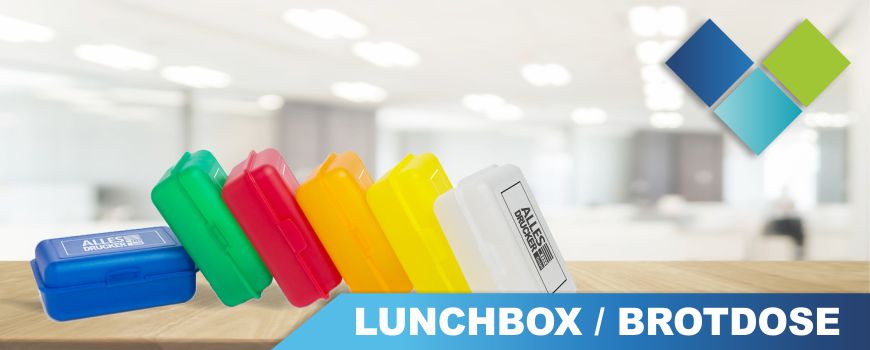 Brotdosen und Lunchbox bedruckt Mit Ihrem logo bedruckte Lunchboxen und Brotdosen in 4 verschiedenen Größen und 6 Farbvarianten