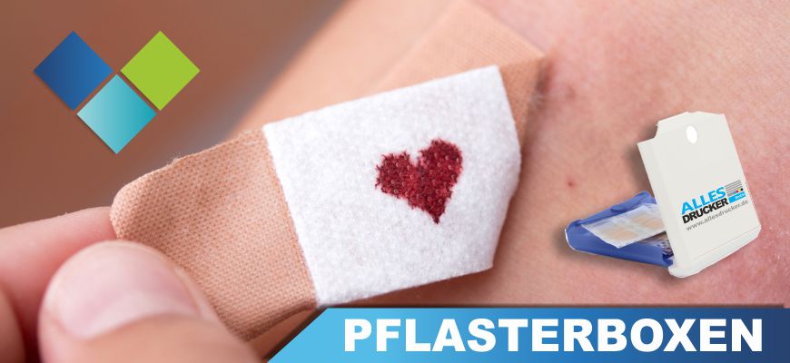 Pflasterboxen als Werbeartikel Mit Ihrem logo bedruckte Pflasterboxen in fünf Farbvarianten