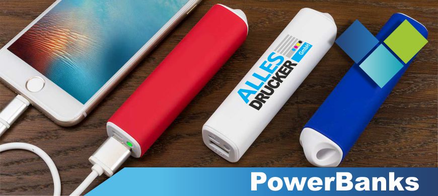Bedruckte Powerbanks Powerbanks bedrucken wir mit Ihrem logo