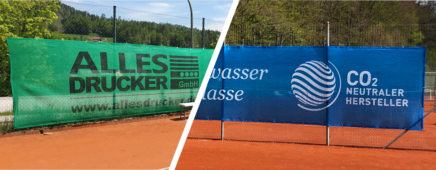 Tennisblenden grün bedruckt Bedruckte Tennisblenden / Digitaldruckblenden für die Tennisplatzwerbung