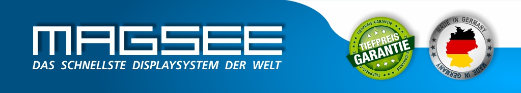 Das Magsee Display ist das schnellste Displaysystem der Welt. Bannerwechsel in nur 5 Sekunden. Kinderleicht und ohne Werkzeug. Mit Magsee sparen Sie bares Geld und schonen die Umwelt.
