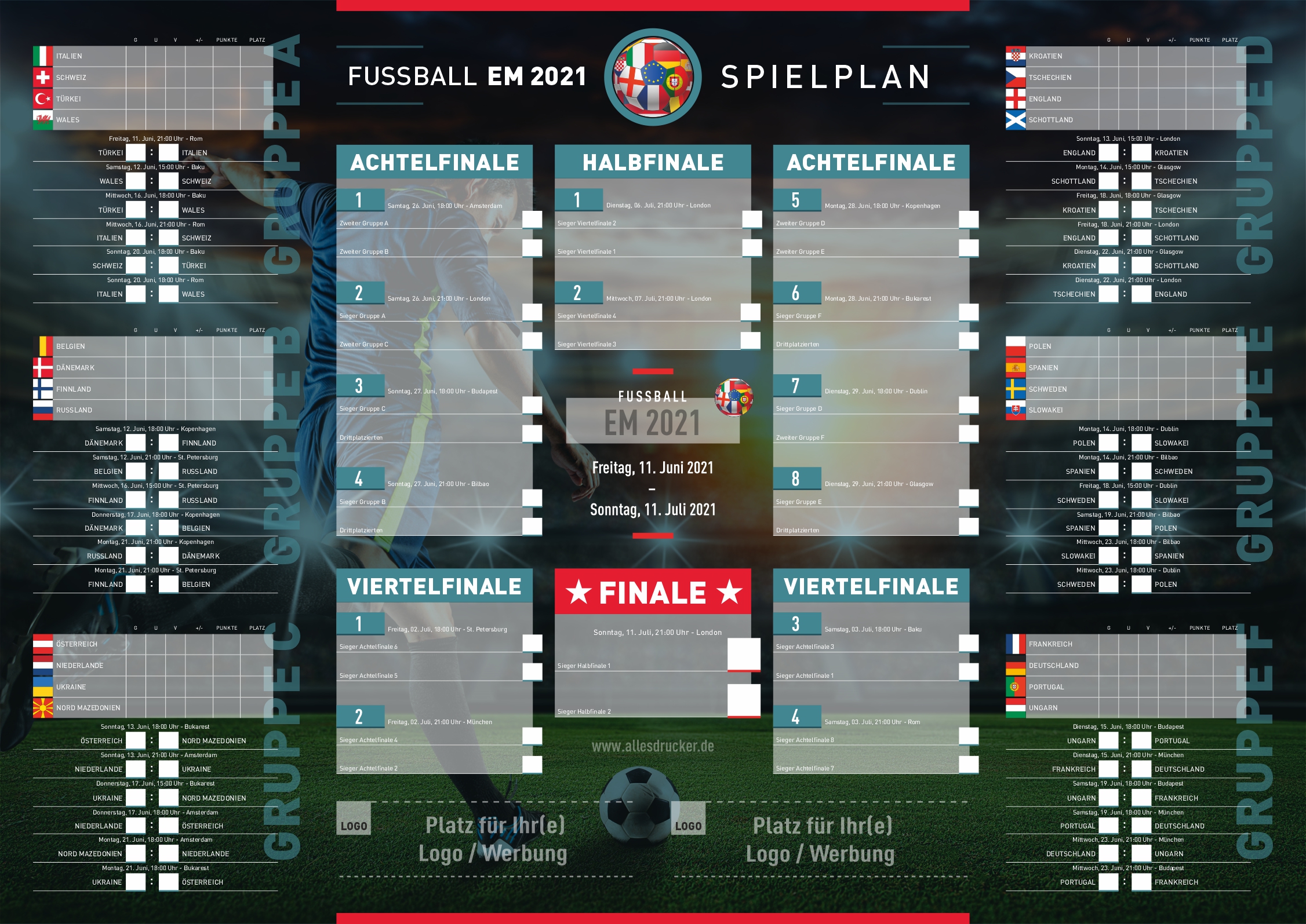 Fussball EM 2021 Spielplan & mit Ihrer Werbung & 3 Layouts