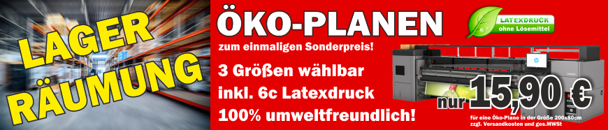 Lagerräumung von Öko Werbeplanen Öko Werbeplanen zum Sonderpreis
